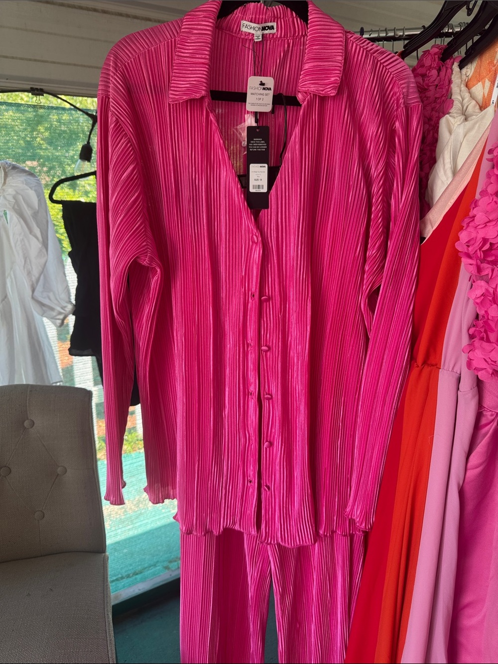 Fashion Nova Vibrant Fuchsia Pleated Button-Up Top and Pants Set